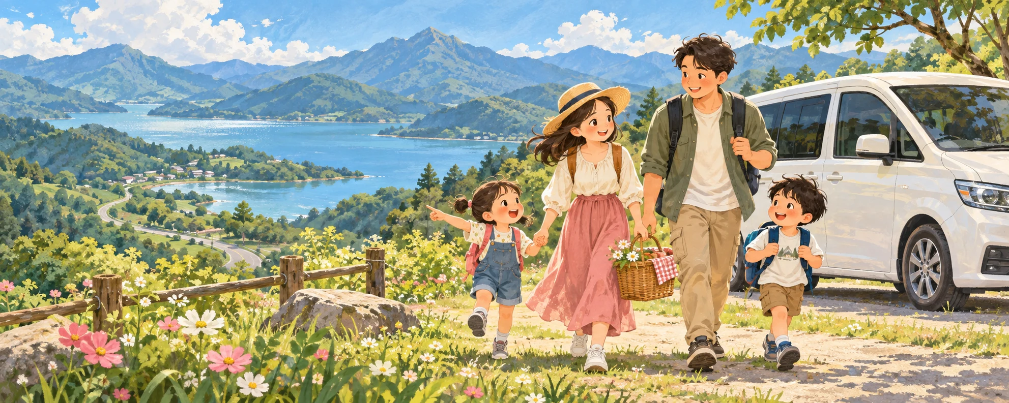 An original illustration of parents and children on a family road trip